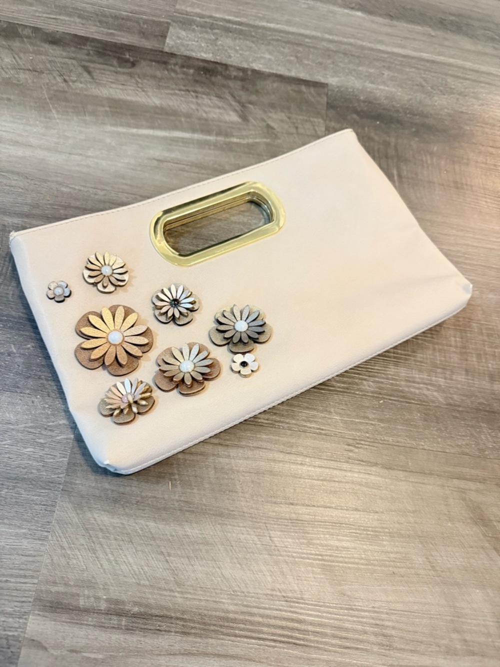 Elegant Cream Floral Appliqué Clutch with Gold Handle